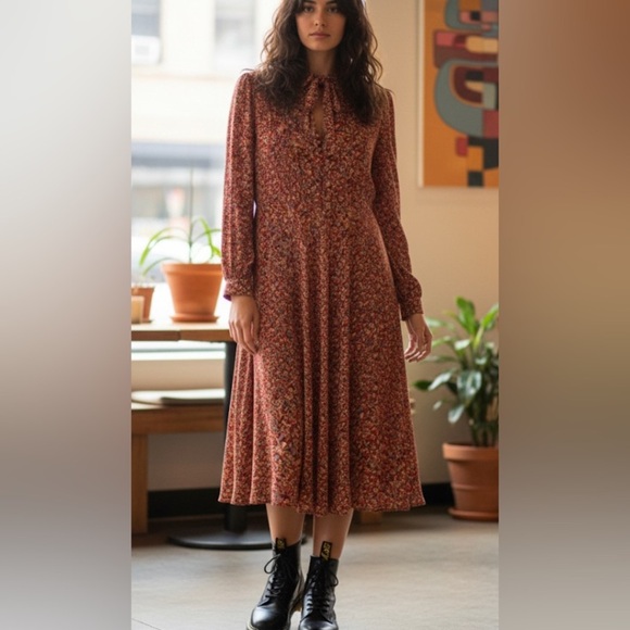 Vintage Carteret Long Sleeve Floral Dress with Tie Neck - Picture 1 of 14